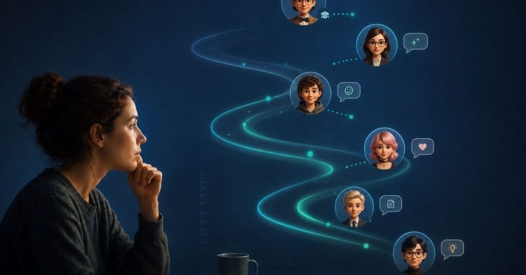 Portada conceptual del artículo: un modelo de lenguaje manteniendo la fidelidad de un personaje en una conversación larga