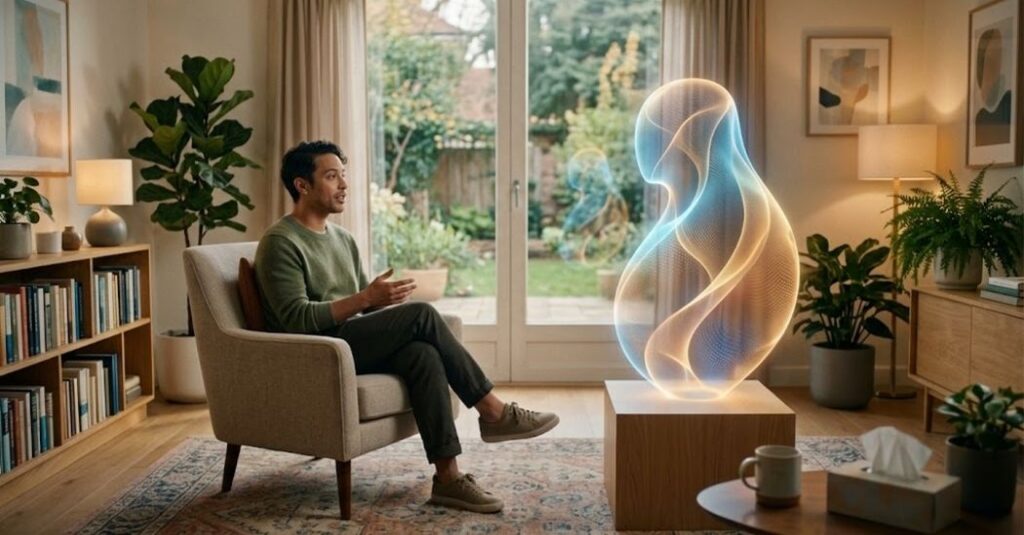 Hombre con suéter verde y pantalones oscuros sentado en sillón beige gesticulando frente a figura holográfica luminosa de colores azul y naranja sobre pedestal de madera en sala con estanterías de libros plantas y grandes ventanas