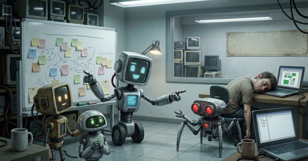 Ilustración satírica de un humano dormido sobre su computador mientras un grupo de robots de IA trabaja frente a una pizarra llena de notas adhesivas