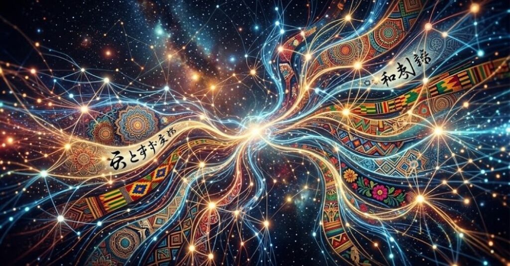 Fondo negro estrellado con estrellas y puntos de luz, cintas ondulantes con mandalas, patrones geométricos y florales en colores azul rojo naranja dorado y verde, conectadas por líneas luminosas azules y naranjas con nodos brillantes, texto en caracteres asiáticos superpuesto.