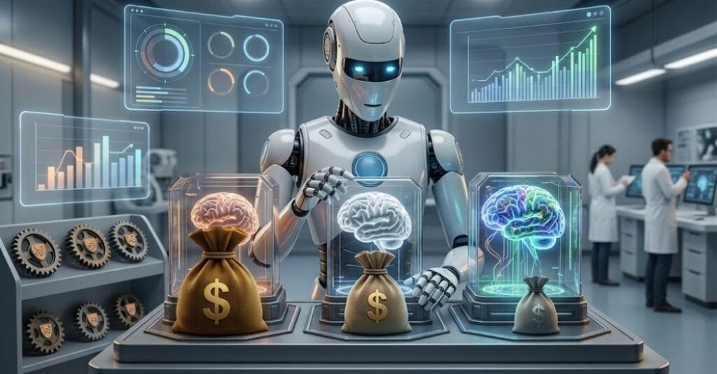 Robot humanoide blanco con ojos azules brillantes, manos extendidas hacia tres vitrinas de cristal que contienen cerebros rosado, blanco y multicolor con conexiones luminosas, cada vitrina con bolsa marrón de dinero y símbolo de dólar dorado, pantallas holográficas con gráficos de barras y líneas, dos personas en batas blancas al fondo trabajando en computadoras, laboratorio futurista con engranajes a la izquierda