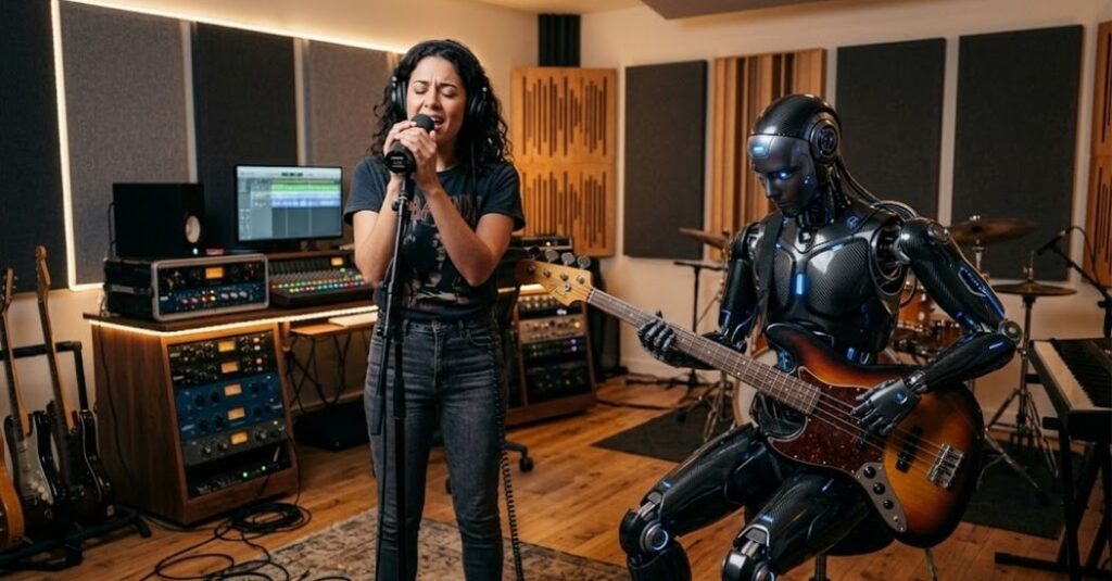 Mujer con cabello rizado oscuro, auriculares negros, camiseta negra y jeans canta en micrófono con ojos cerrados. Robot humanoide negro brillante con luces azules toca bajo eléctrico sunburst sentado en estudio con paneles acústicos grises, consola de mezcla y pantalla de ordenador.