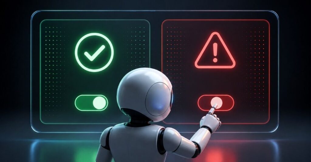 Robot humanoide blanco de espaldas, con la mano extendida presionando un interruptor rojo frente a una interfaz digital dividida en un panel verde y uno rojo, sobre fondo oscuro
