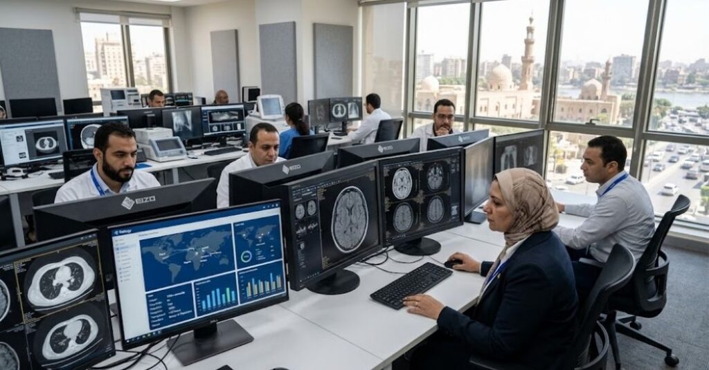 Fotografía documental de un centro de telerradiología en El Cairo donde profesionales revisan imágenes médicas asistidos por inteligencia artificial