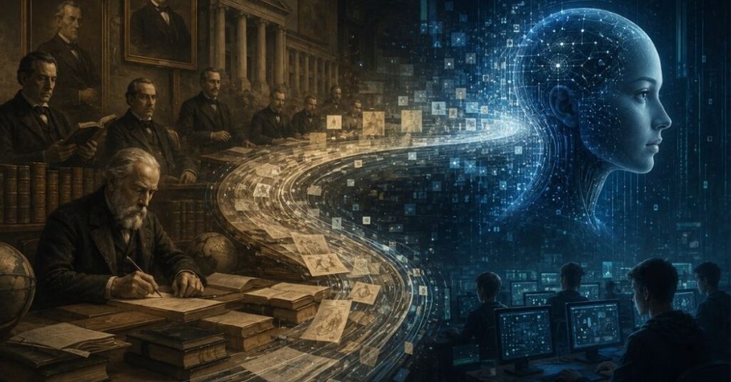 Portada conceptual del artículo: la inteligencia artificial como herencia de una tradición de conocimiento con autoridad masculina