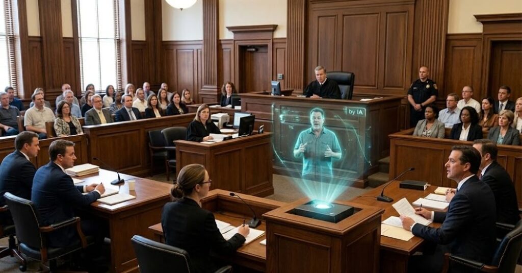 Sala de tribunal donde un dispositivo de IA proyecta el holograma de una persona, ante un juez con toga, oficiales y público