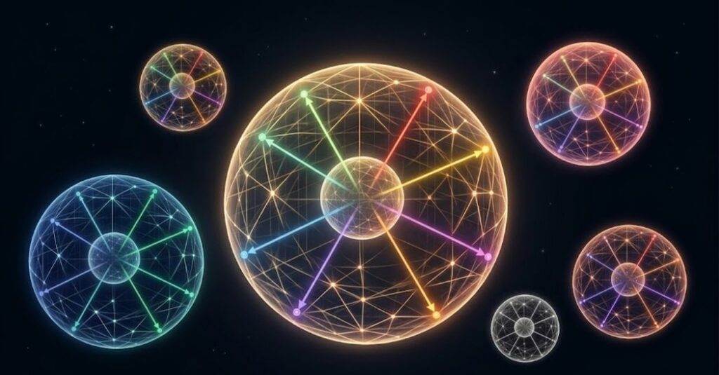 Ilustración abstracta de esferas luminosas de distintos tamaños y colores conectadas por líneas de neón sobre fondo oscuro, que representa la estructura geométrica del conocimiento moral en un modelo de lenguaje