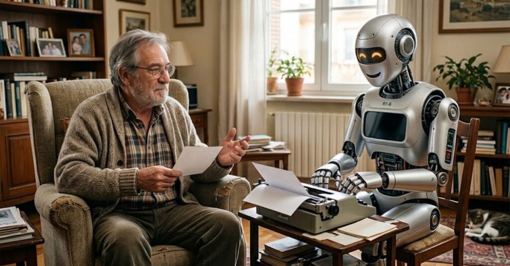 Un hombre mayor sentado en un sillón sostiene una carta mientras un robot humanoide escribe a máquina al otro lado de una mesa, en una sala de estar
