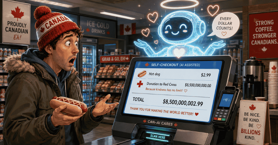 Ilustración humorística de un quiosco de autopago con IA en un Circle K de Canadá que añade por error una donación de 8.500 millones de dólares a la compra de un hot dog