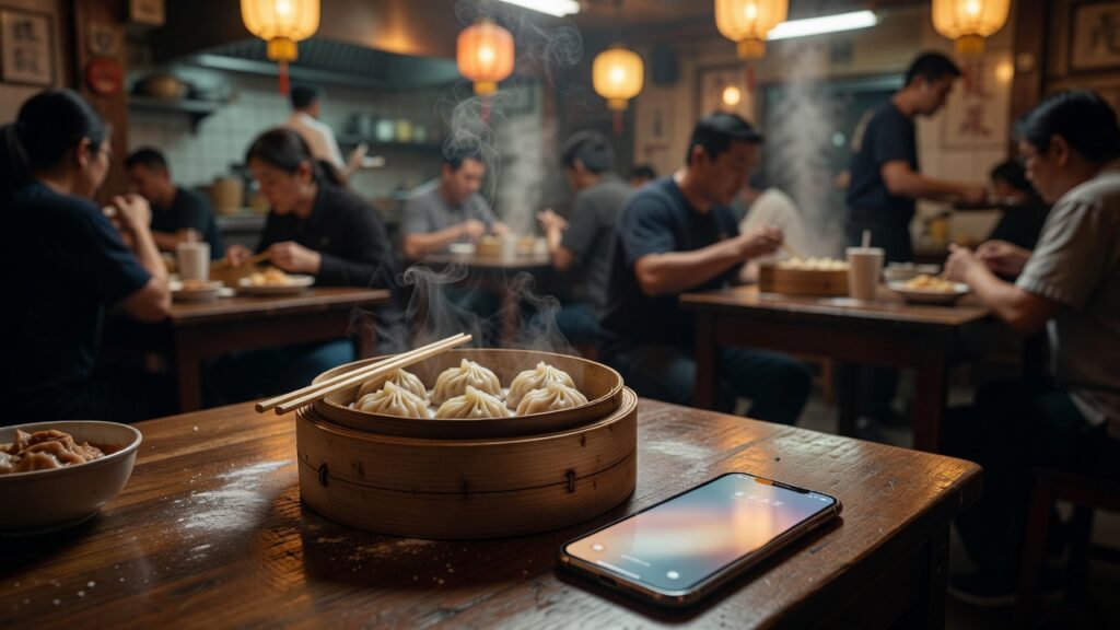 Fotografía documental: una vaporera de dumplings con palillos y vapor sobre una mesa de restaurante chino, junto a un teléfono con una interfaz luminosa difusa; al fondo, comensales y farolillos