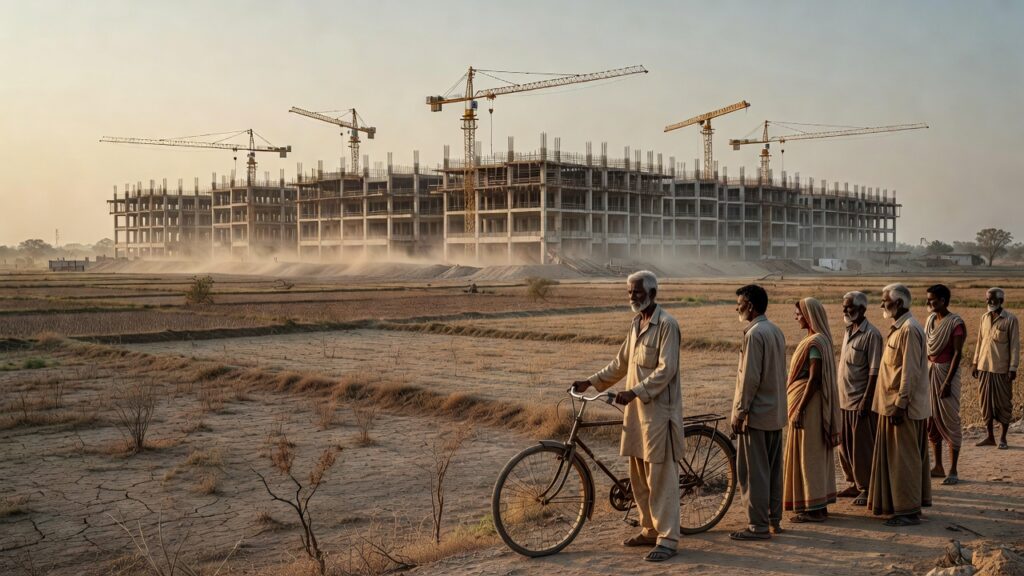 Fotografía documental: campesinos y vecinos de una aldea india observan desde el borde de campos secos la construcción de un gran centro de datos con grúas en el horizonte