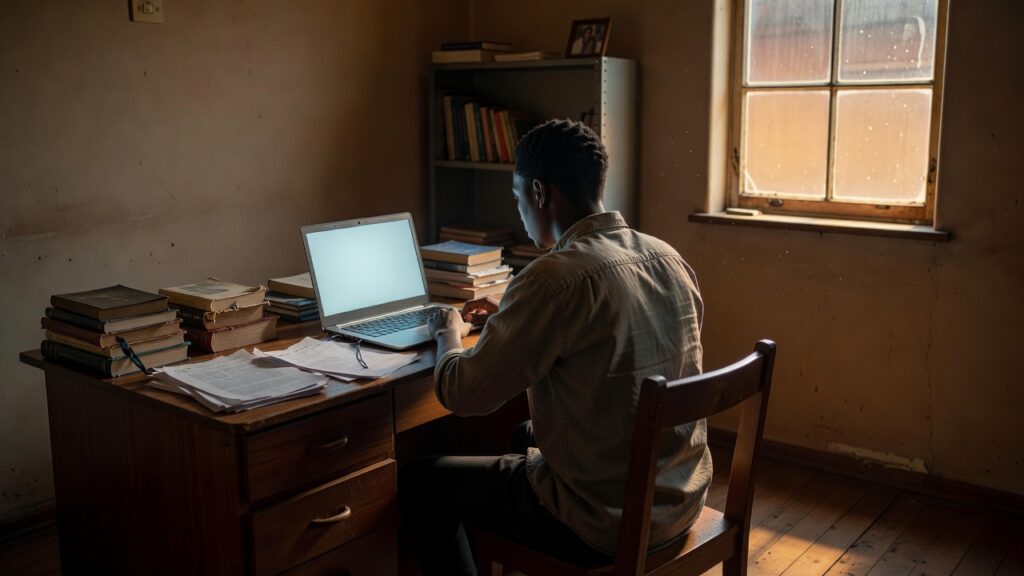Fotografía documental: una persona vista de espaldas ante un escritorio con libros y papeles en Sudáfrica, con un portátil encendido y luz de ventana al anochecer