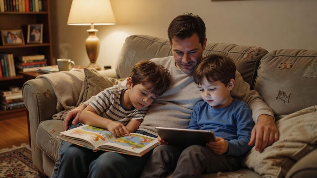Fotografía cálida: un padre y dos niños pequeños en un sofá, uno lee un libro ilustrado y otro mira una tableta junto al adulto, bajo la luz de una lámpara