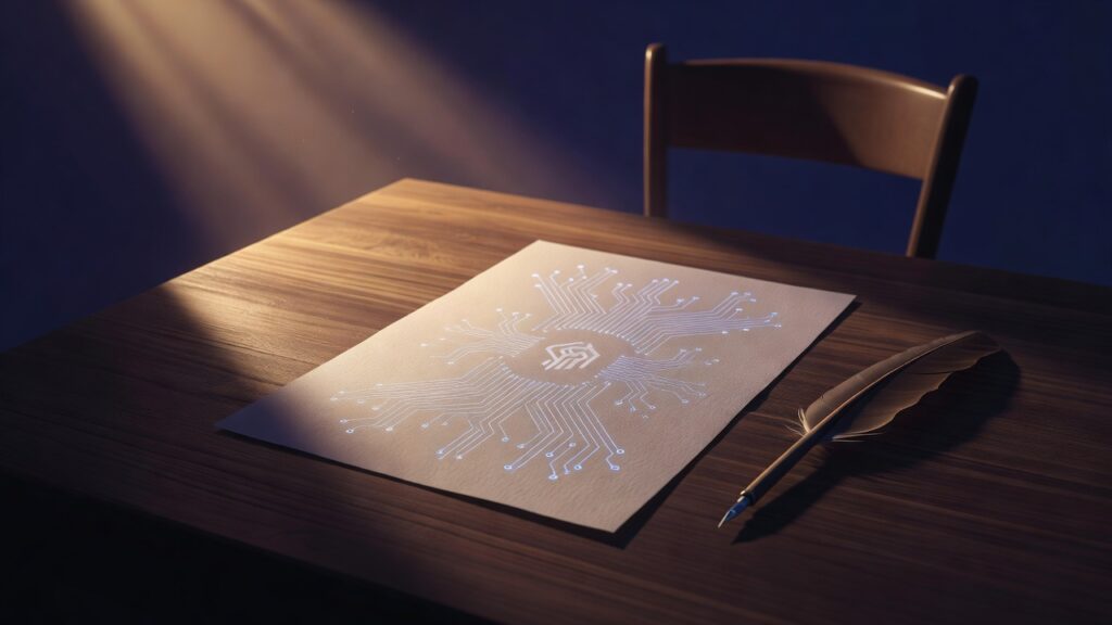 Hoja de papel en blanco sobre un escritorio de madera bajo un haz de luz que revela líneas de circuito luminosas y un símbolo de marca de agua oculto en las fibras del papel, con una pluma junto a ella y una silla vacía, paleta índigo profundo y ámbar cálido, estilo ilustración editorial minimalista