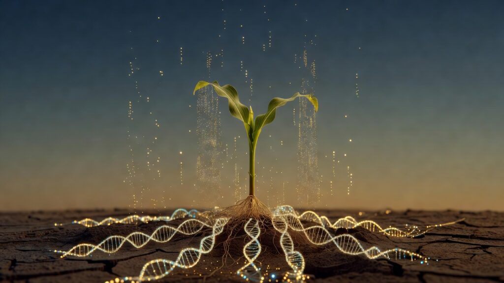 Plántula de maíz verde que crece sobre tierra seca y agrietada bajo un cielo africano amplio, con raíces representadas como hebras luminosas de ADN y nodos de datos que se extienden por el suelo, rodeada de partículas doradas de datos, paleta ámbar y verde profundo, estilo ilustración editorial minimalista