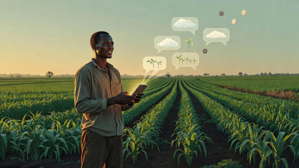Agricultor de Kenia de pie en un campo verde que sostiene un teléfono móvil que emite una luz cálida, con burbujas de chat que suben hacia el cielo y se transforman en iconos de nubes, plantas y monedas, hileras de cultivos al fondo, luz de la mañana, paleta verde profundo y ámbar cálido, estilo ilustración editorial minimalista