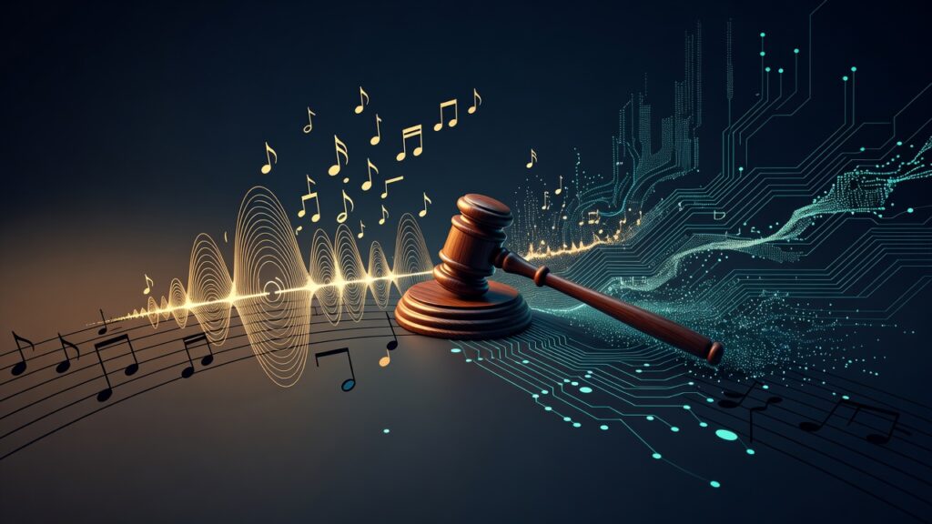 Mazo de madera de juez apoyado sobre un pentagrama musical, con ondas sonoras y notas dispersas que se disuelven en una matriz de líneas de circuito y partículas de datos, paleta azul marino profundo y ámbar con un toque turquesa, estilo ilustración editorial minimalista