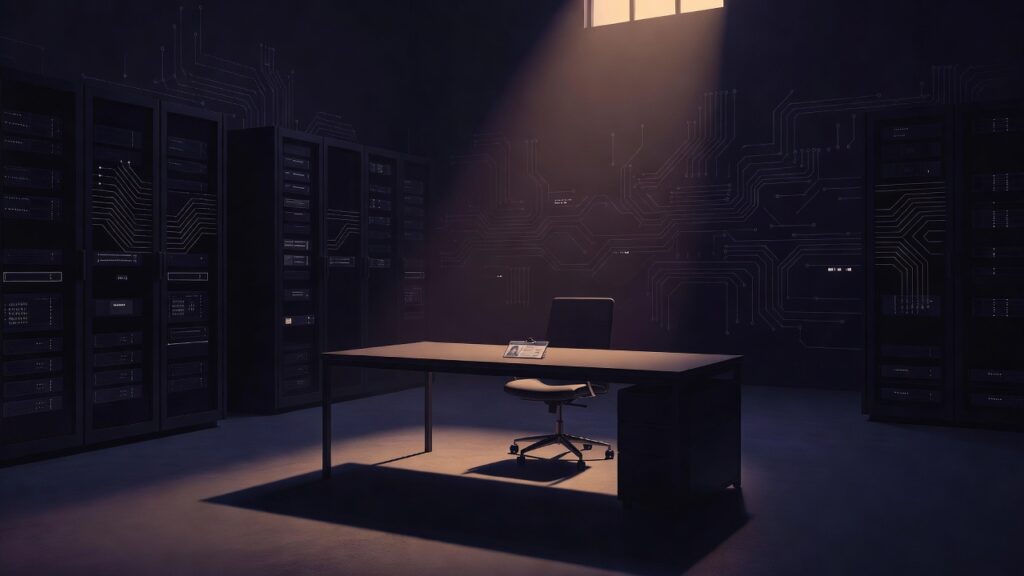 Silla vacía ante un escritorio dentro de una sala de servidores oscura, con un haz de luz cálida que cae desde una ventana alta, líneas de circuito luminosas en las paredes y una credencial sobre el escritorio, paleta índigo y ámbar, estilo ilustración editorial minimalista
