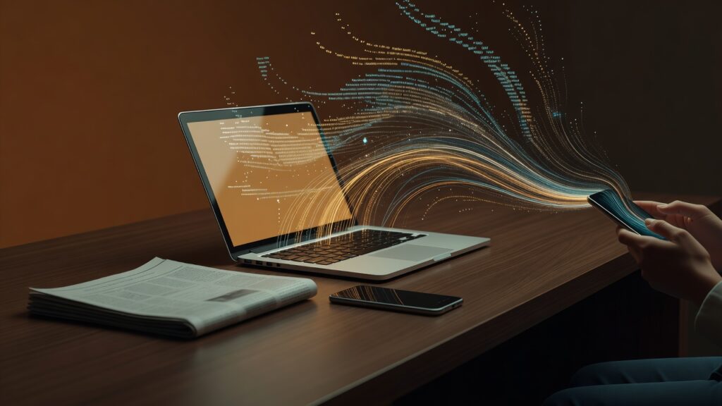 Escritorio de redacción visto desde arriba con laptop, periódico y teléfono, con líneas luminosas de datos que fluyen hacia un lector joven que sostiene un teléfono, paleta ámbar y turquesa, estilo ilustración editorial minimalista