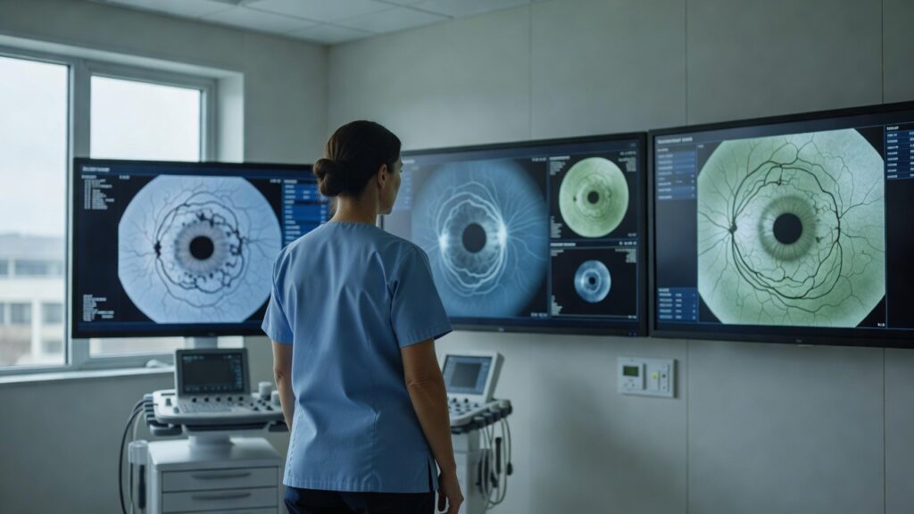 Fotografía documental: una radióloga de espaldas observa varias pantallas grandes con retinografías de fondo de ojo en tonos azulados, en una sala hospitalaria luminosa