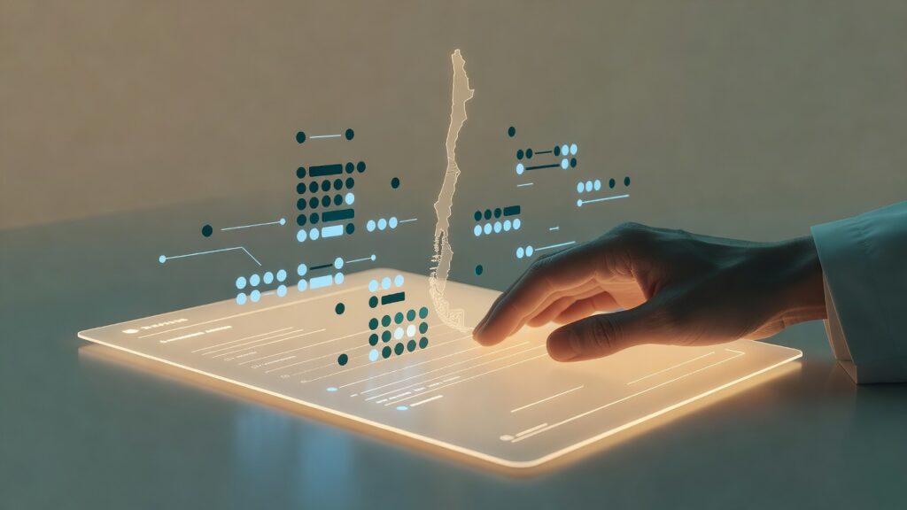 Mano de un médico apoyada sobre una ficha clínica translúcida y luminosa, con puntos de datos clínicos y pequeños gráficos flotantes que se organizan en grupos ordenados y luminosos sobre ella, y un contorno tenue de Chile dibujado con luz suave al fondo, paleta ámbar cálido y turquesa profundo con acentos azules, estilo ilustración editorial minimalista