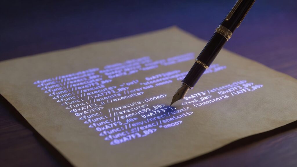 Ilustración editorial: una pluma fuente firma el pie de un documento cuyas líneas están hechas de código luminoso, en tonos azul y violeta sobre papel cálido