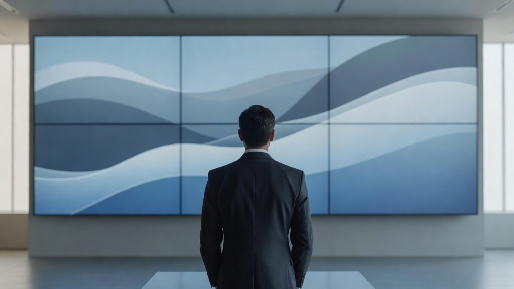 Fotografía documental: una auditora de espaldas observa pantallas grandes con gráficos abstractos de verificación, en una sala institucional luminosa de tonos azules y neutros