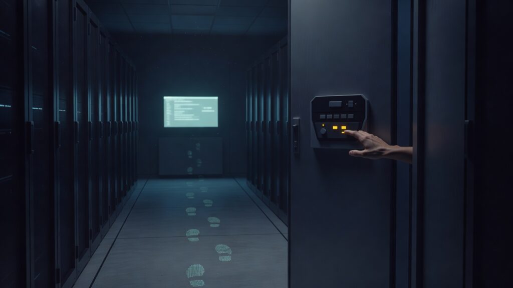 Corredor oscuro de una sala de servidores con una pantalla encendida y una estela de huellas digitales tenues que avanza hacia una puerta abierta donde una mano humana alcanza un panel de control, paleta índigo y turquesa con un acento ámbar, estilo ilustración editorial minimalista