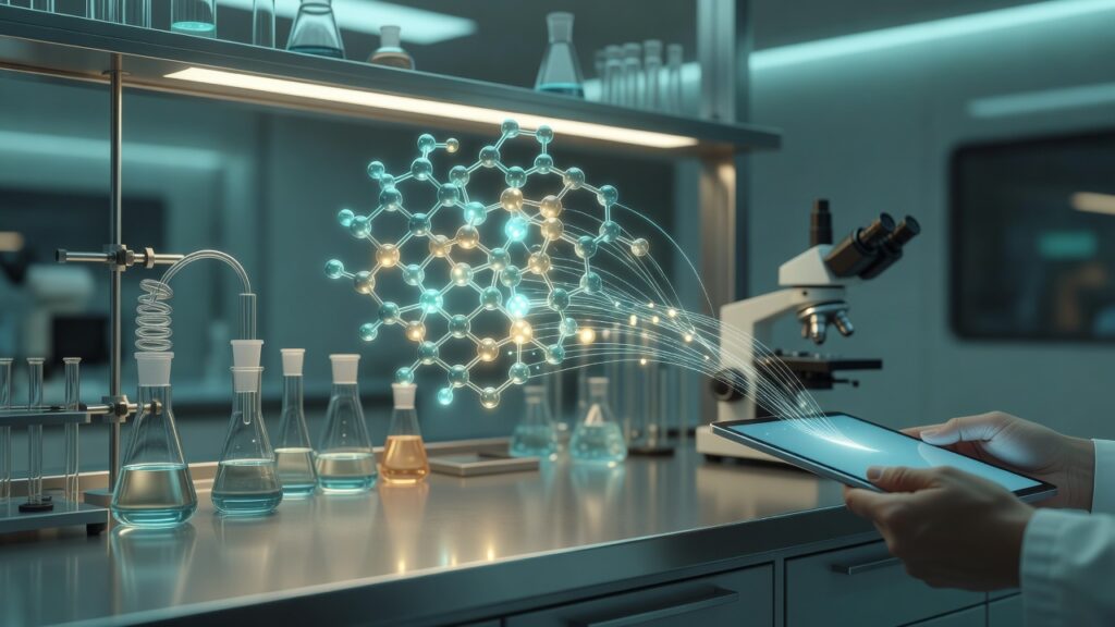 Laboratorio farmacéutico en foco suave con una estructura molecular luminosa flotando sobre una mesa con material de vidrio y un microscopio; hilos de datos conectan la molécula con las manos de un científico que sostiene una tableta, paleta turquesa y ámbar, estilo ilustración editorial minimalista