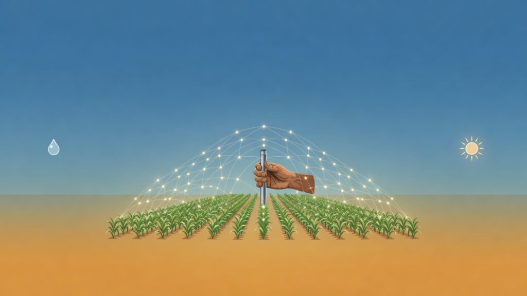 Ilustración editorial: unas manos sostienen un sensor de suelo sobre hileras de cultivo que se extienden hasta el horizonte; sobre los surcos se eleva una retícula translúcida de puntos y líneas finas, como datos dibujados sobre el campo, con una gota de agua y un sol a los lados