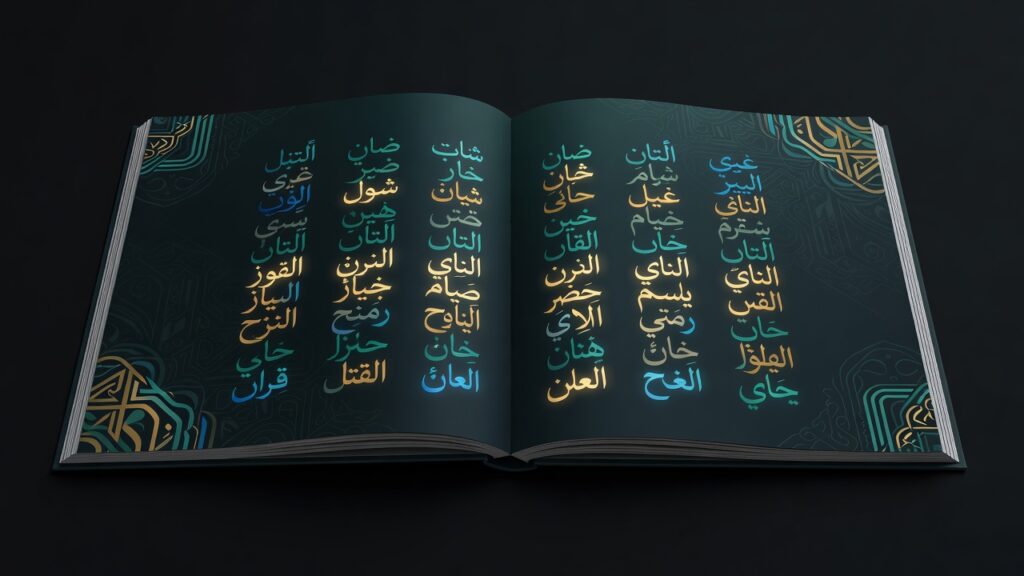 Libro abierto sobre fondo negro con páginas verde oscuro que muestran texto árabe en columnas verticales, letras iluminadas en amarillo y azul, bordes decorados con patrones geométricos en turquesa y dorado