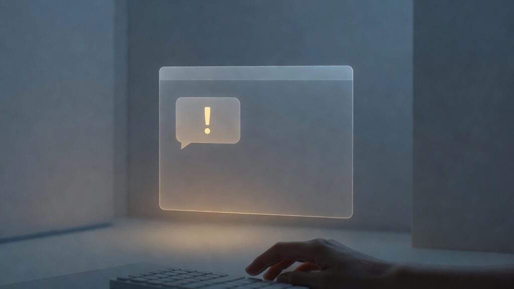 Mano humana tecleando en teclado blanco con ventana rectangular translúcida flotante que muestra burbuja de chat con signo de exclamación amarillo en habitación minimalista con paredes grises y luz suave azulada