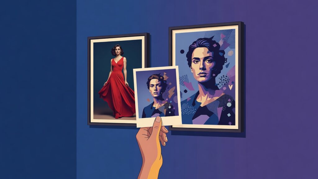 Ilustración editorial: una mano sostiene una fotografía frente a una pared de galería con tres retratos enmarcados; el marco de la izquierda muestra a una mujer con vestido rojo y el de la derecha se disuelve en figuras geométricas sintéticas, con trazo ámbar