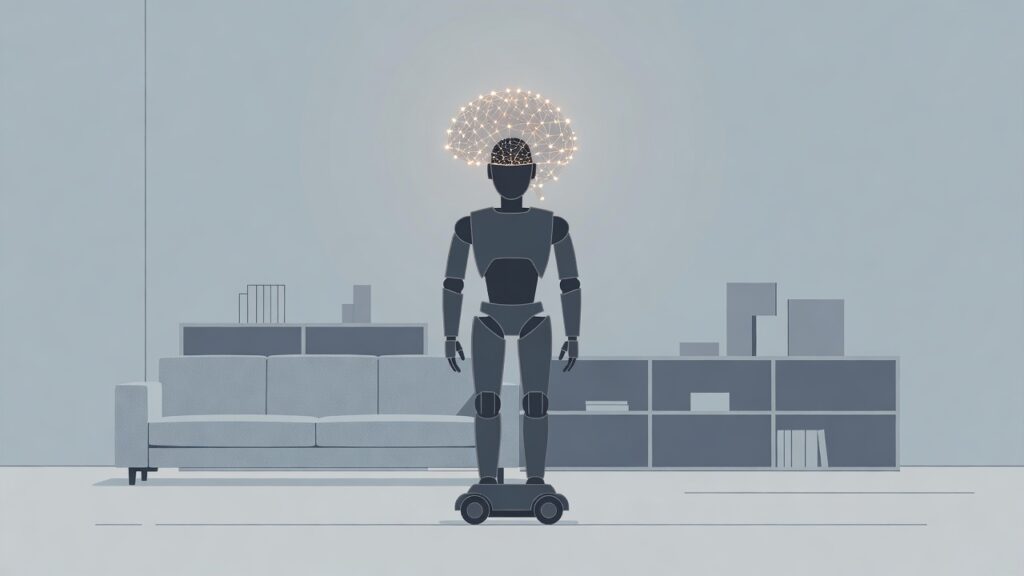 Robot humanoide de base rodante con una red neuronal luminosa en la cabeza, de pie en una sala de estar minimalista