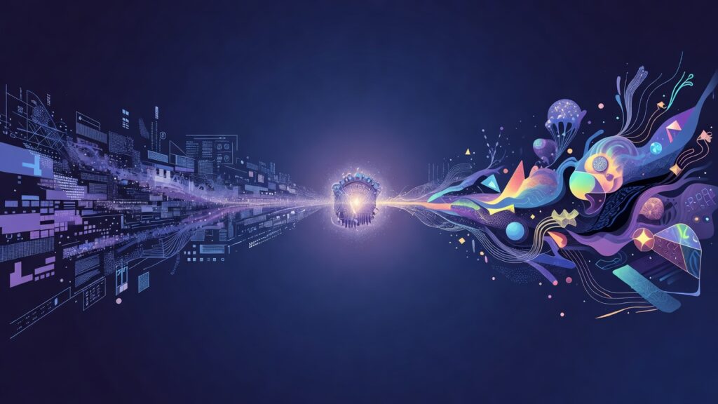 Ilustración editorial simétrica: en el centro, un núcleo generativo de luz del que emergen dos corrientes; hacia la izquierda, fragmentos ordenados de datos y diagramas que se deshilachan en una forma errónea; hacia la derecha, formas oníricas imposibles que brillan con belleza