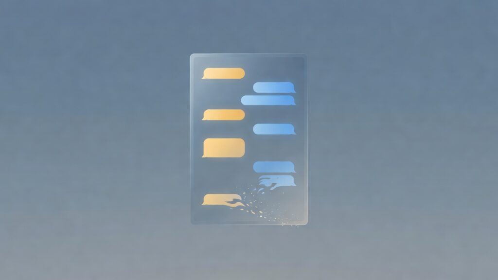 Panel rectangular semitransparente con efecto de vidrio esmerilado centrado sobre fondo azul difuso. Burbujas de chat amarillas alineadas a la izquierda y burbujas azules alineadas a la derecha. La burbuja amarilla inferior presenta forma irregular con partículas amarillas dispersándose hacia la derecha.