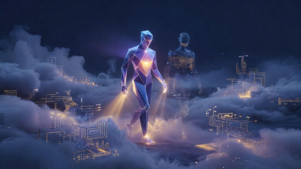 Ilustración editorial: un agente autónomo, figura geométrica luminosa con un núcleo brillante, camina de noche entre una niebla espesa que se condensa en estructuras y diagramas que se disuelven en partículas; a su lado flota una silueta tenue hecha de datos