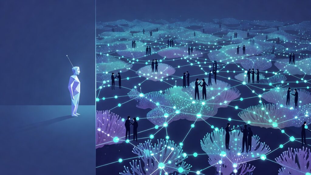 Ilustración editorial: una figura geométrica luminosa con una antena fina cruza un umbral y observa, desde el borde, una red arrecifal de nodos luminosos conectados entre sí, con otras siluetas de agentes conversando en pequeños enjambres