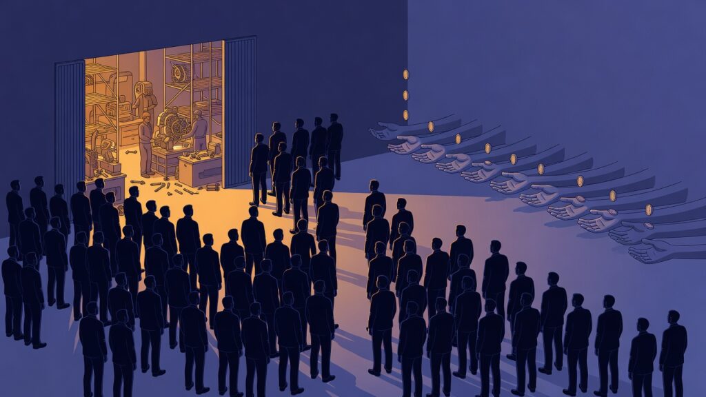 Ilustración editorial simétrica: una multitud de siluetas trabajadoras de espaldas mira dos caminos; a la izquierda, un portón industrial abierto con máquinas y andamios en actividad bajo una luz cálida; a la derecha, una fila fría de manos extendidas que reciben monedas suspendidas en el aire