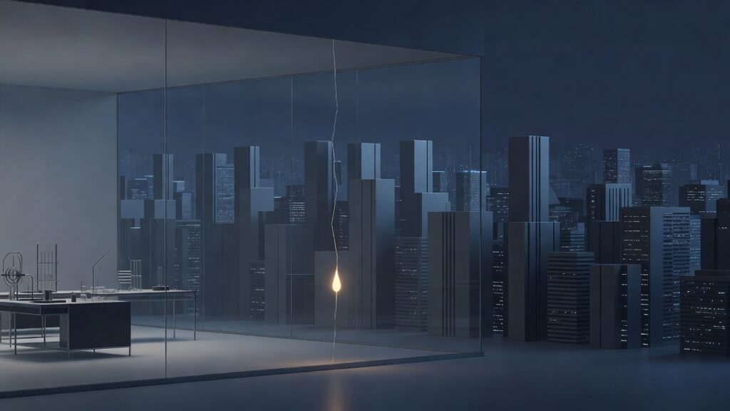 Interior minimalista oscuro con gran pared de cristal que muestra skyline nocturno de edificios altos con luces encendidas, mesa izquierda con objetos abstractos de metal y vidrio, bombilla en forma de gota colgando de cable delgado con luz cálida amarilla en el centro, suelo liso y tonos azules predominantes