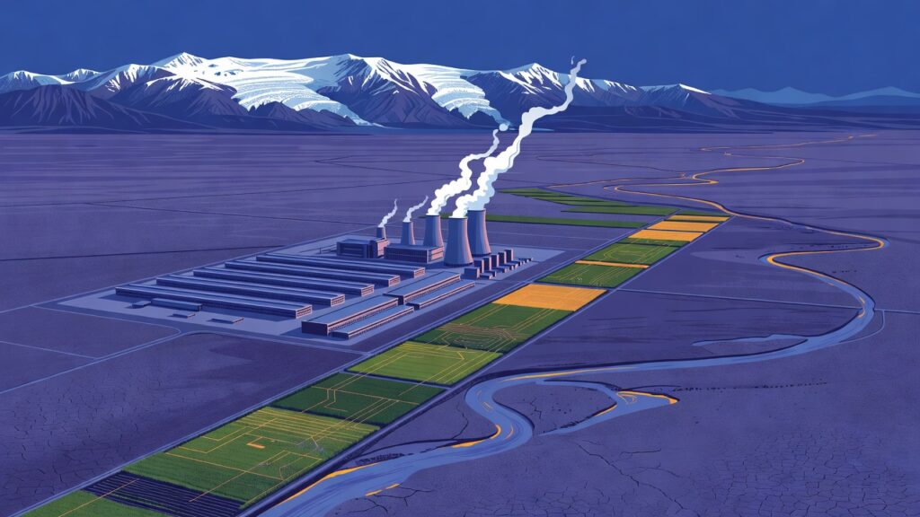 Ilustración editorial aérea: un campus de centros de datos de naves bajas y torres de refrigeración que emiten vapor blanco sobre suelo árido y agrietado; a su lado, franjas estrechas de cultivos verdes y ámbar y un río poco profundo que serpentea hacia montañas nevadas con glaciares en retroceso