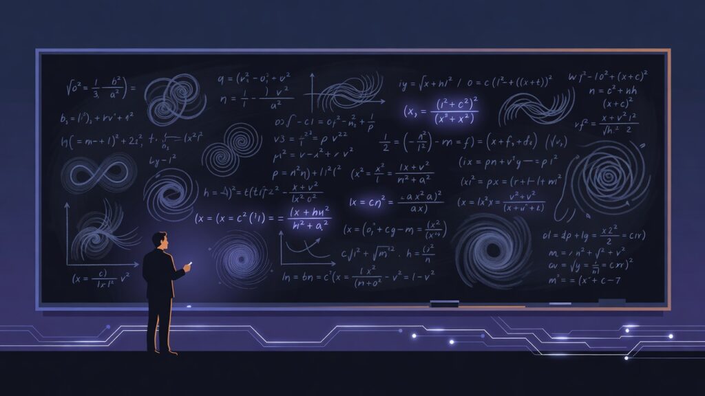 Ilustración editorial: un pizarrón oscuro cubierto de ecuaciones de dinámica de fluidos; unas pocas fórmulas brillan con luz eléctrica fría, como resueltas por una máquina, mientras la silueta de un matemático con tiza se recorta pequeña a la izquierda sobre una línea de circuitos luminosos