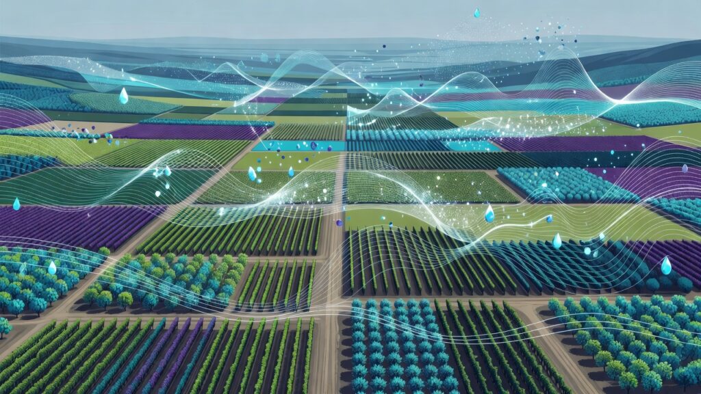 Ilustración editorial: vista aérea de un valle agrícola con parcelas en franjas verdes, azules y violetas; sobre el paisaje flotan capas de datos digitales, gotas de agua y partículas luminosas que sugieren medición satelital del agua y del carbono