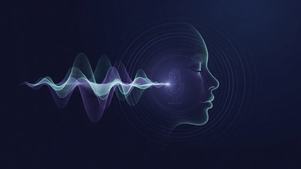 Ilustración editorial en azul y violeta: una onda de audio luminosa que se resuelve en el perfil de un rostro humano hecho de líneas finas, con anillos de sonido concéntricos.