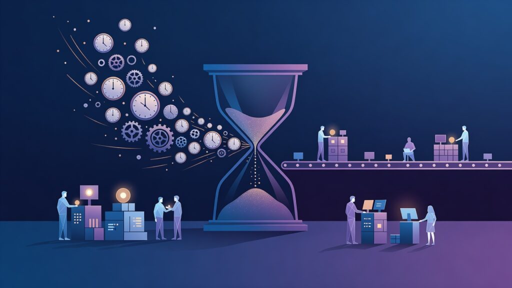 Ilustración editorial: un reloj de arena central sobre fondo azul oscuro y violeta; a la izquierda vuelan relojes y engranajes que representan horas liberadas; a los lados, siluetas humanas estilizadas junto a módulos de cómputo y una línea de producción