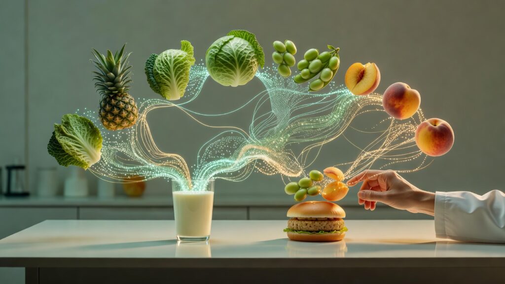 Mano con manga blanca señalando duraznos flotantes, hamburguesa con pan y relleno vegetal sobre mesa blanca, vaso transparente con leche, piña y repollos flotando izquierda, racimo de uvas verdes y duraznos derecha, líneas luminosas verdes y doradas conectando elementos con partículas brillantes, fondo cocina desenfocado