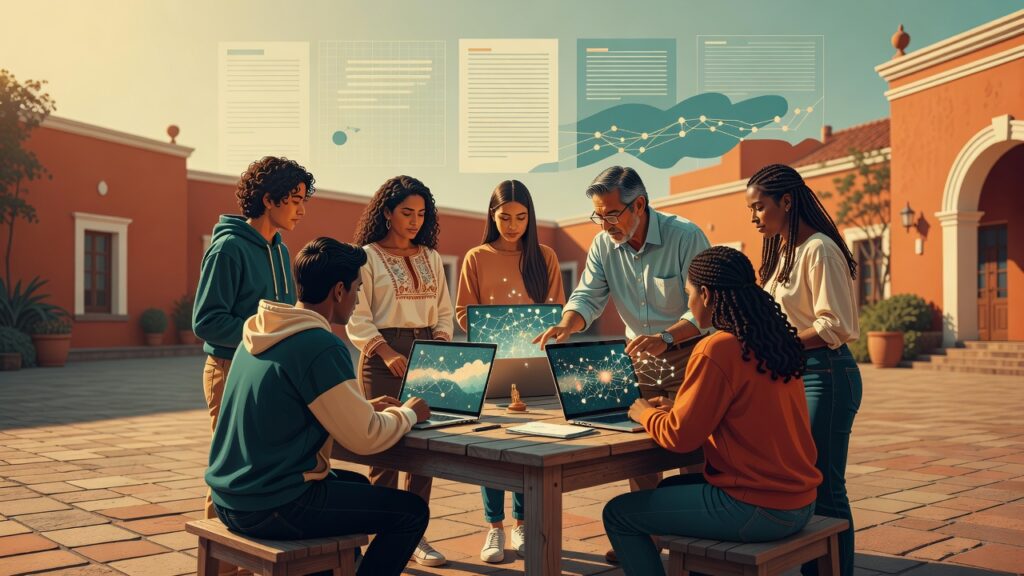 Siete personas de diversas edades y etnias reunidas alrededor de una mesa de madera en un patio con baldosas, dos laptops abiertas mostrando gráficos de redes con nodos luminosos, un hombre mayor de cabello gris y gafas señalando una pantalla, iconos flotantes de documentos y un diagrama de red teal en el fondo, edificios de color naranja al fondo, estilo ilustración digital realista