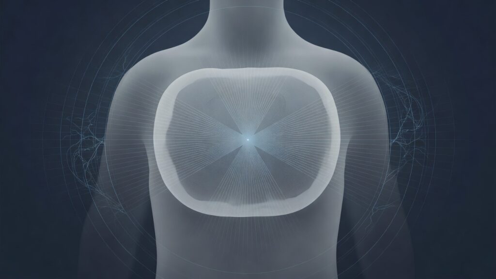 Ilustración editorial: una sección abstracta del torso humano en grises luminosos, con una rejilla fina de líneas de análisis que converge sobre un pequeño nodo brillante, como un modelo que resalta una anomalía en un escaneo.