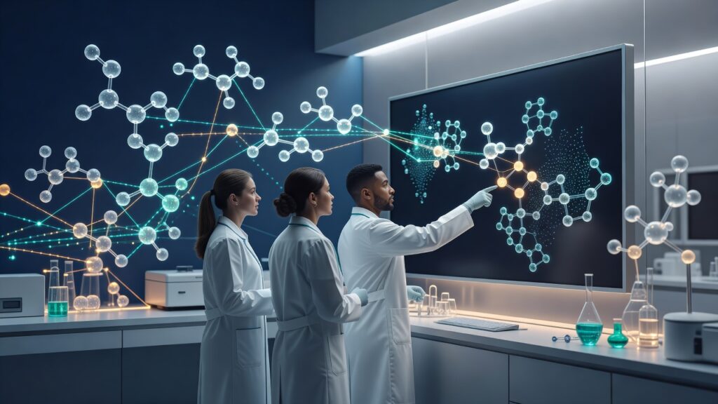 Tres científicos con batas blancas en laboratorio futurista; hombre con guante blanco señala con dedo índice pantalla negra con estructuras moleculares 3D azules y amarillas conectadas; dos mujeres observan de perfil; moléculas flotantes con líneas turquesa y naranjas; mesa con frascos de vidrio, matraces, ordenador y luces LED; fondo azul oscuro estilo digital holográfico
