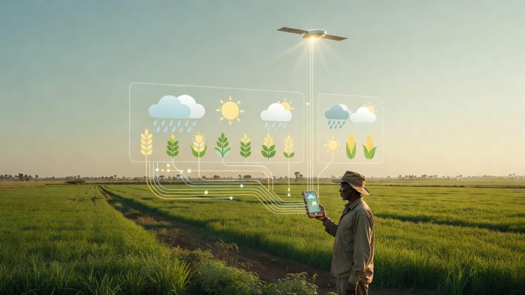 Hombre de piel oscura con sombrero beige y camisa marrón claro de pie en campo verde extenso sosteniendo tableta en mano derecha, dos paneles holográficos translúcidos flotan a su izquierda con iconos de nubes grises con lluvia, sol amarillo, nubes con sol y plantas de trigo y maíz verdes y amarillas, satélite blanco con paneles solares en cielo superior emite haz de luz y líneas azules conectan satélite con paneles, fondo de vastos campos verdes con camino de tierra y cielo azul claro